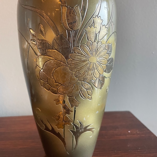 Vintage Brass Asian Vase - Floral Etched - Signed