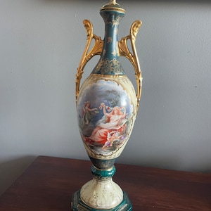 Vintage Victoria Austria Porcelain Vase with Lid | Hand-Painted Classical Scene | Ornate Gilded Handles & Base