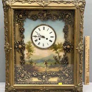 Antique Picture Clock Gold Gilt Frame Oil Painting