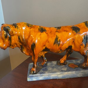 Vintage Portuguese Majolica Bull | Large Ceramic Cow Figurine | Glazed Orange Black Art Pottery | Rustic Farmhouse Decor | Bull Statue
