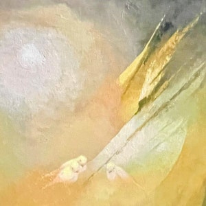 May include: Abstract painting with a soft, muted color palette of yellow, green, and gray. The painting features two white birds perched on a branch, with a large, white, circular shape in the background.