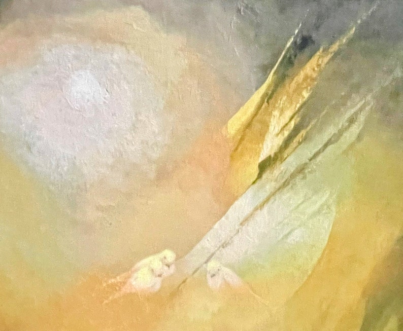 May include: Abstract painting with a soft, muted color palette of yellow, green, and gray. The painting features two white birds perched on a branch, with a large, white, circular shape in the background.