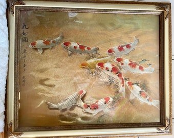 Gorgeous Asian Koi Fish Painting on Gold Silk | Hand-Painted Japanese Art | Framed Original Art Wall Decor