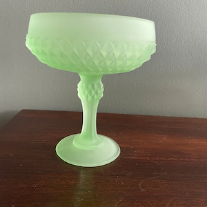 Charming Vintage Indiana Glass Frosted Green Diamond Point  Candy Dish Compote Pedestal 7.5”