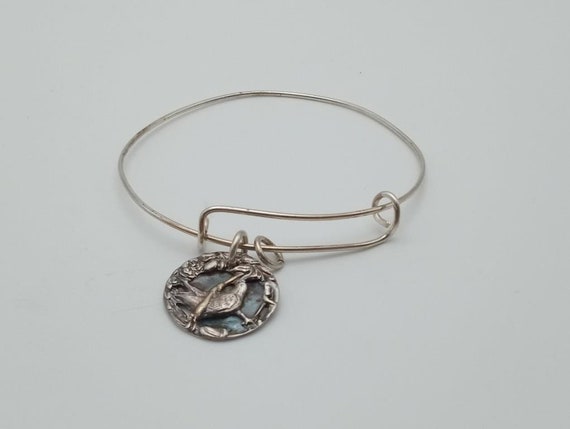 Bracciale Rigido In Argento Sterling 925 Donna - Polsino Vintage Con Uccello E Fiori Intagliati - Regolabile