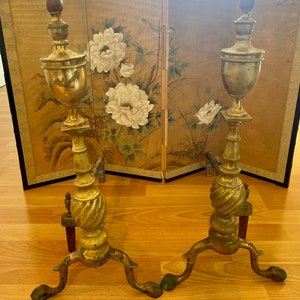 Antique Federal Style Andirons Brass with Copper Accent