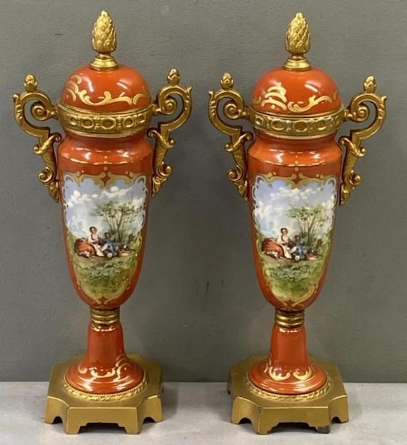 Pair of Hand-Painted Porcelain Urns – Rococo Revival Mantel Vases with Gilded Accents | Antique Style Decor Orange with Gilt Spelter Mounts