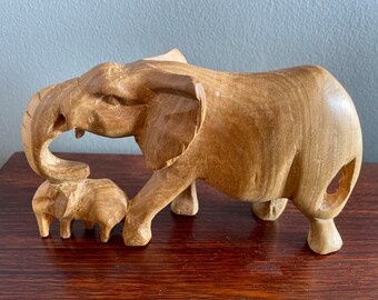 Vintage Light Wood Carved Mother and Baby Elephants