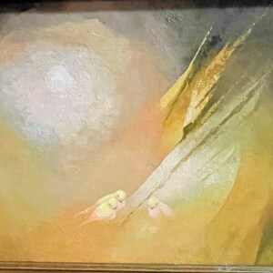 May include: Abstract painting with a soft, muted color palette of yellow, brown, and white. Two small white birds are perched on a branch in the lower right corner of the painting.