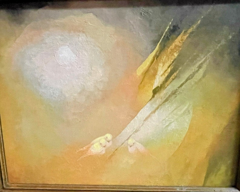 May include: Abstract painting with a soft, muted color palette of yellow, brown, and white. Two small white birds are perched on a branch in the lower right corner of the painting.