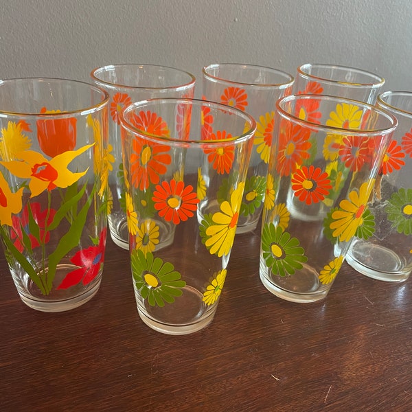 Set of Six (6) Vintage Mid-century Modern Glass Set Daisy Glass Set + One (1) floral Glass that Compliments the Set
