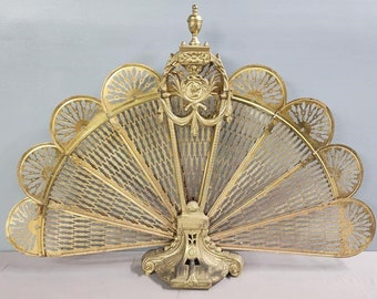 Vintage Folding Ornate Brass Peacock Fan Fireplace Screen
