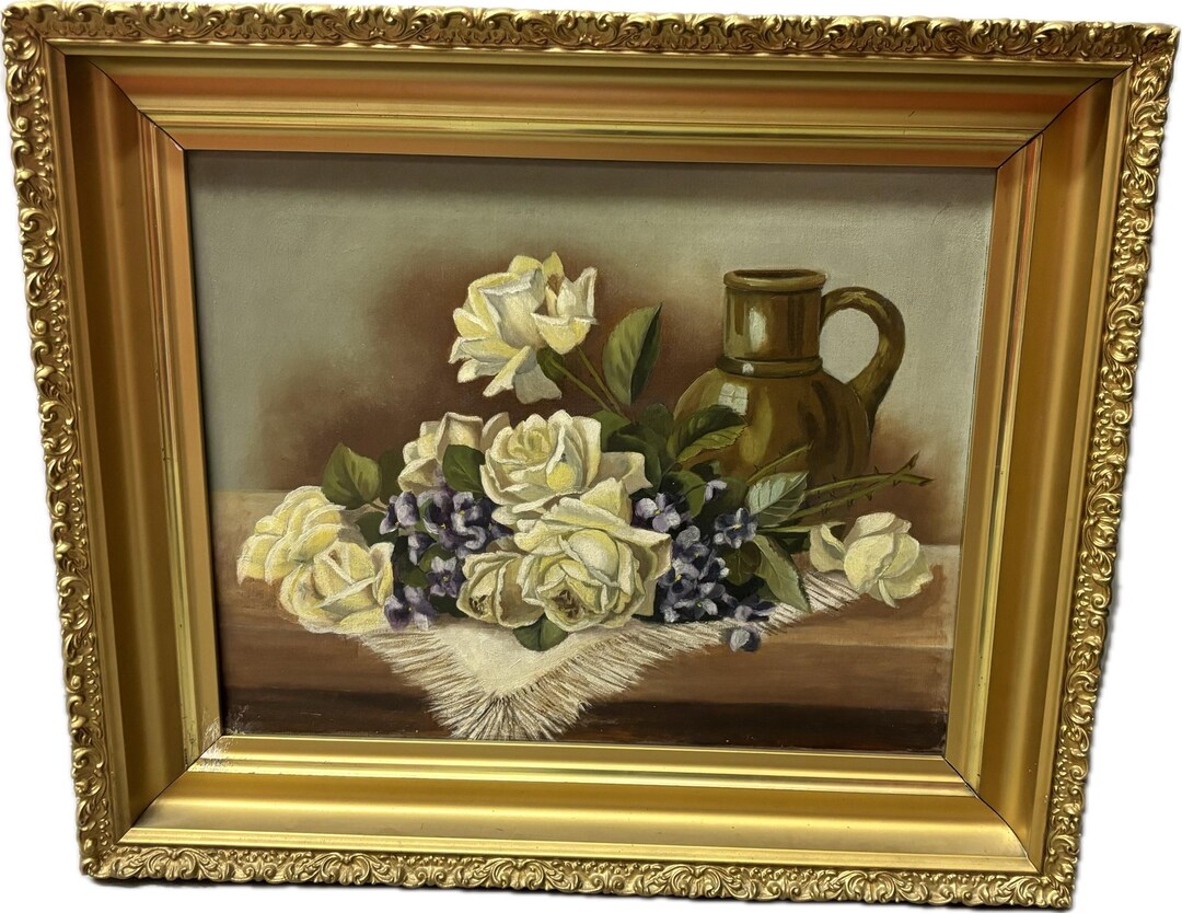 Vintage Original Floral Oil Painting – White Roses Still Life in Ornate ...