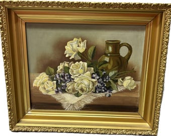 Pintura al óleo floral original vintage: Bodegón de rosas blancas en marco dorado ornamentado / Arte mural clásico de estilo rústico, 54 x 66 cm