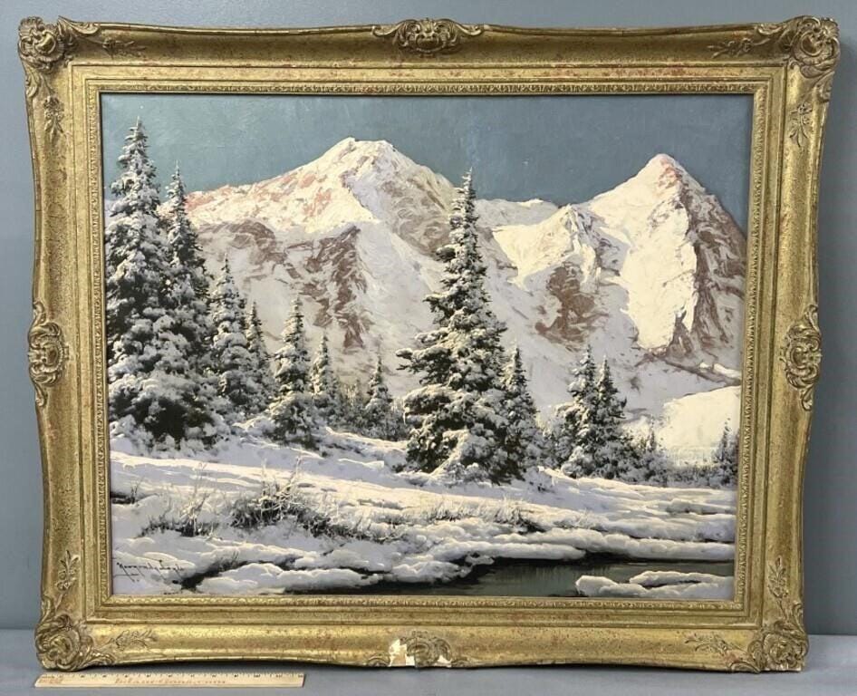 Laszlo Neogrady Winter Landscape – Original Signed Oil Painting | Snowy Alpine Scene | Gilt Frame Canvas