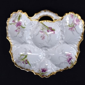 M Redon Limoges France Lady's Oster Teller Rosa und Grün Floral mit Goldvergoldet