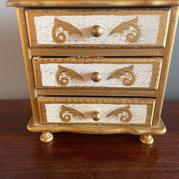 Charming Vintage Musical Jewelry Box - Wood Painted Gold and White - with Three Draws and Red Felt Lining