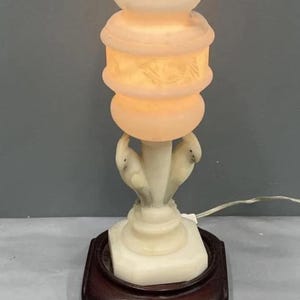 Vintage Carved Alabaster Marble Table Lamp – Art Deco Bird Motif | Soft Ambient Lighting