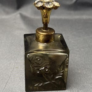 Beautiful Antique Czech Glass Perfume Bottle with Etched Flowers & Rhinestone Top - Vanity Decor