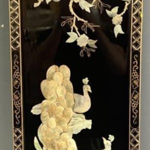 Asian Lacquer Wall Panel with Mother-of-Pearl Inlay – Vintage Peacock Art | Chinoiserie Decor | Asian Art Decor | Peacock Bird Motif