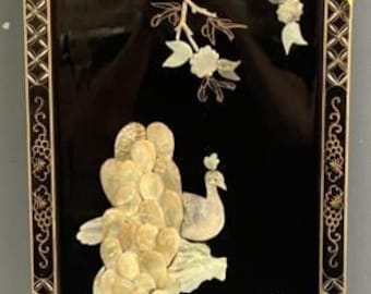 Asian Lacquer Wall Panel with Mother-of-Pearl Inlay – Vintage Peacock Art | Chinoiserie Decor | Asian Art Decor | Peacock Bird Motif