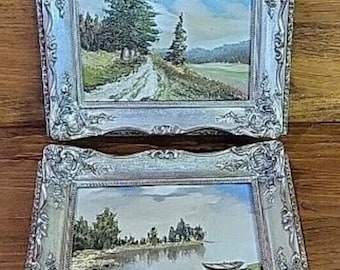 Een paar vintage olieverfschilderijen - prachtige scènes met meer en landschappen