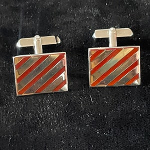 Vintage Silver Tone Cuff Links with Red Stripes