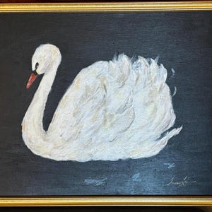 Oringinal Swan Painting on Black Background - Acrylic on Canvas (20 in  x 16 in) with Wood Gilt Frame