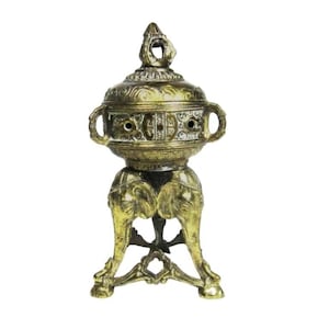 Antique Chinese Brass Incense Burner | Tripod Censer with Lid | Asian Altar or Temple Decor