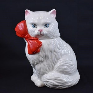 Vintage White Persian Cat with Red Bow Ceramic Cookie Jar Rare 11.5 in.