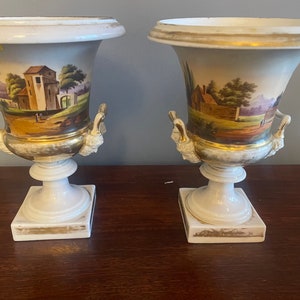 Pair of French Hand-Painted Antique Urns | 19th Century Porcelain Planters with Scenic Landscapes - Pedestal Vases