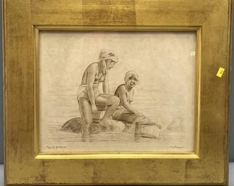 Beautiful &quot;Pearl Divers&quot; Signed Etching,  Willy Seiler  (Germany/Japan, 1903-1988)  in Lovely Wood Gold Gilt Frame