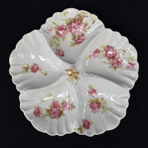 Antike 1885 Eine Austernplatte von Lanternier Limoges Frankreich Rosa und Grün Chintz mit Goldvergoldung