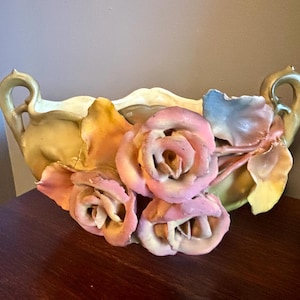 Beautiful Antique 1910s Art Nouveau ROYAL DUX Porcelain Jardiniere Vase with Flowers Austria