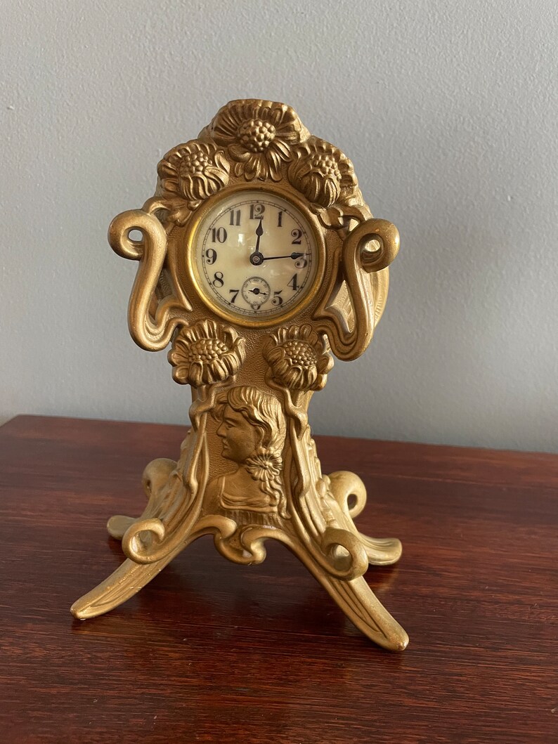 Antique Gold Tone Mantel Clock Victorian Art Nouveau Etsy