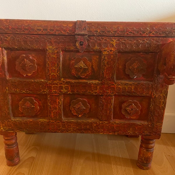 Vintage Wooden Carved Small Dowry Chest with Horse Motif with Brass Adornments