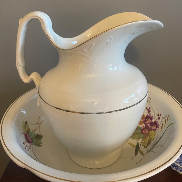Vintage Johnson Brothers England  Bowl with White Vintage Pitcher and with Floral Motif
