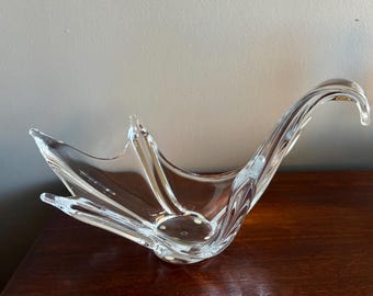Elegant Vintage Murano Style Clear Art Glass Centerpiece Bowl – Freeform Sculptural Design Crystal Centerpiece, Bowl Modern Swan Design