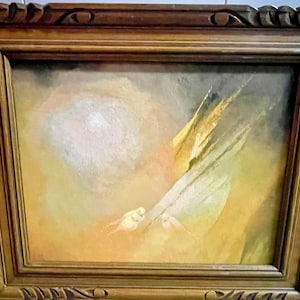 May include: A framed painting of two small yellow birds perched on a branch against a background of soft, muted colors, including yellow, orange, and pink.