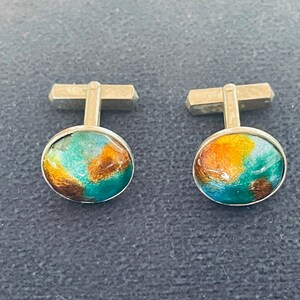 Vintage Silver Tone Cuff links with Colorful Blues and Golds small chip - see photos
