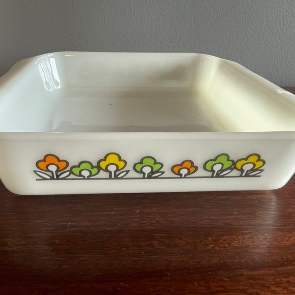 Vintage 70's Anchor Hocking Fire King Milk Glass Summerfield Floral 8" Square Ovenware Baking Dish