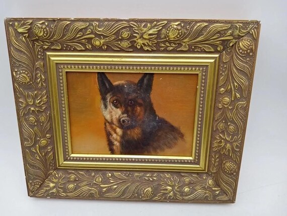 シェパード犬の油彩画 ヴィンテージのジャーマンシェパードドッグの油絵 | 額入り動物肖像画
