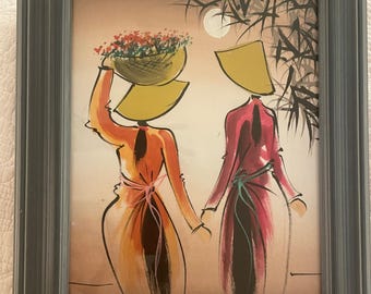 Framed Vietnamese Watercolor on Canvas – Women in Ao Dai – Traditional Asian Art