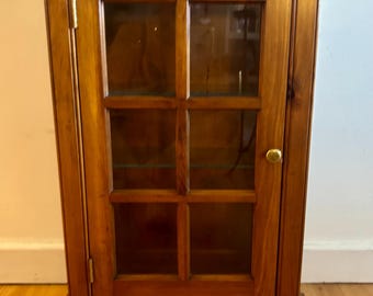 Vintage Wood with Glass Door Wall Hanging Display Curio Cabinet 2 Glass Shelves with Indentation 30 in x 18 in x 7 in