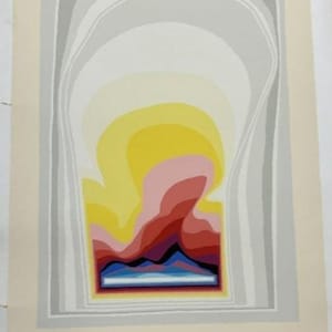 May include: Abstract art print with a layered design and a central, colourful composition. The artwork features a gradient of colours, including yellow, pink, red, and blue, within a rectangular frame. The outer frame is a series of grey and white layers.