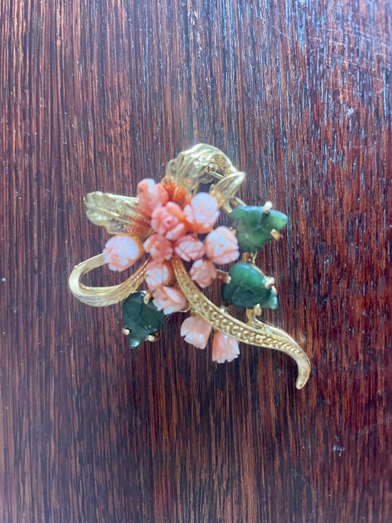 Jade & Coral Brooch