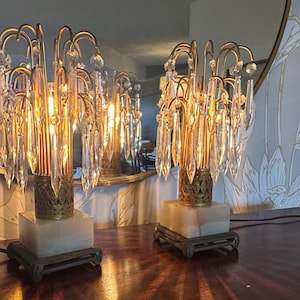 Vintage Art Deco Waterfall Lamps: Crystal Prism, Onyx Base, Brass Detail