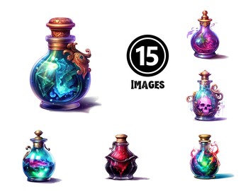May include: A collection of 10 glass bottles with colorful liquids and decorative stoppers. The bottles are filled with various colors, including blue, purple, green, and red. The bottles have a variety of decorative elements, such as skulls, crystals, and swirling patterns.  The bottles are arranged in a row on a white background. 15 IMAGES