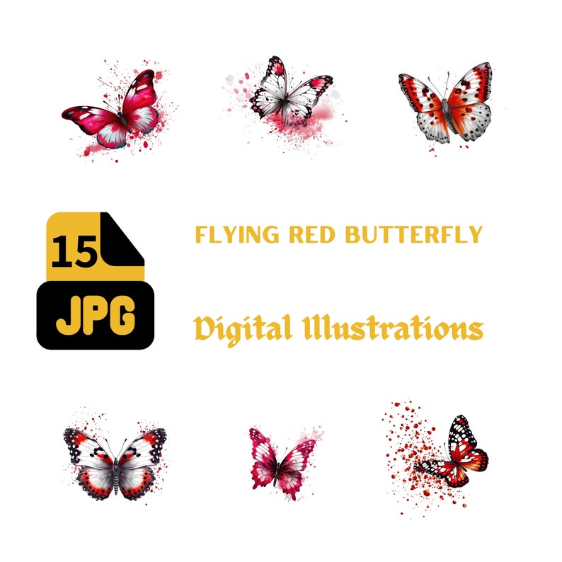 Flying Red Butterfly Clipart Set 15 JPG Illustrations Vibrant Insect ...