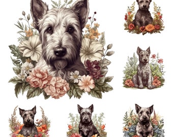 Scottish Terrier Puppy Watercolor Clipart: Floral Scottie Dog Art (Digital Download)